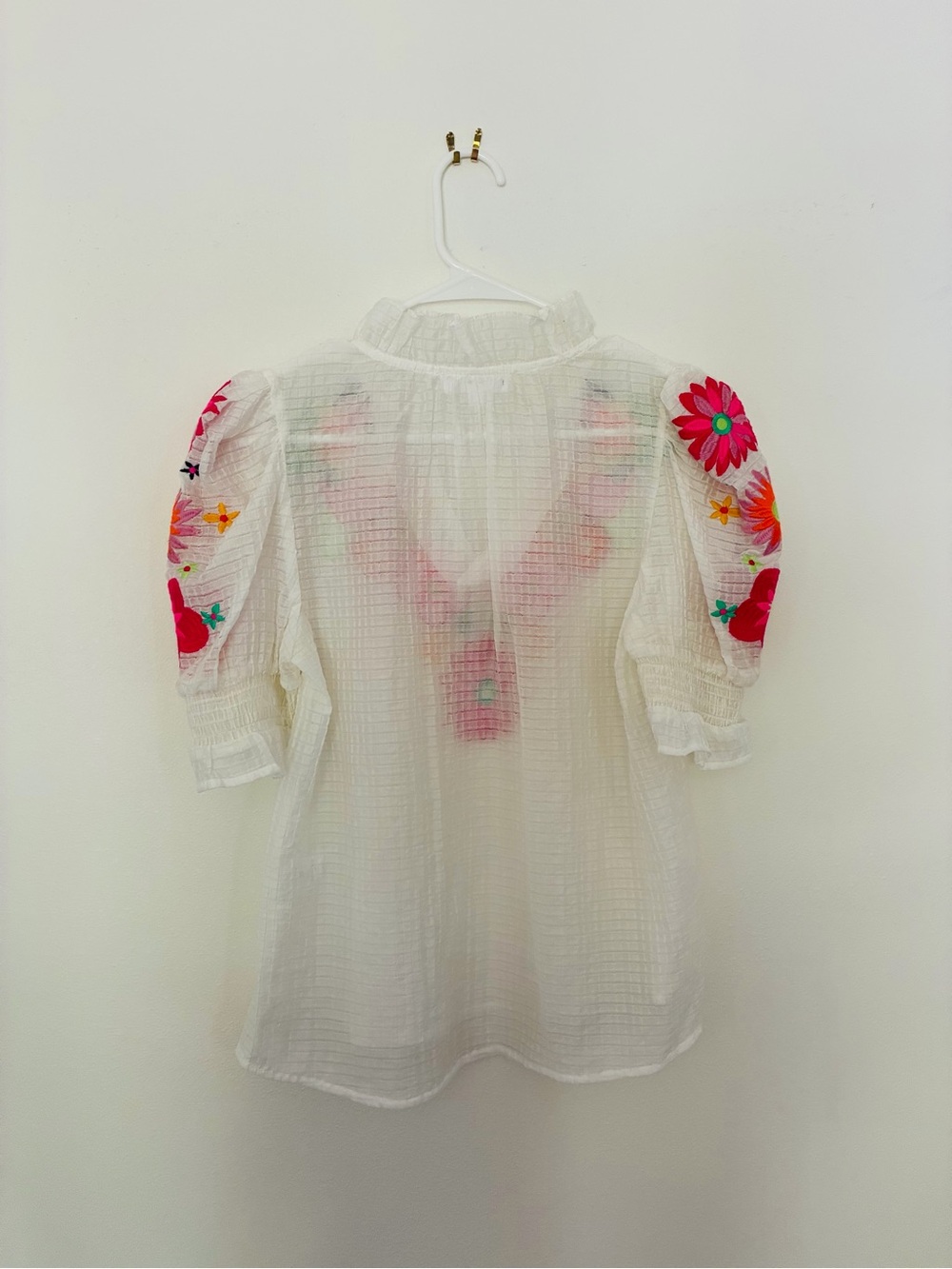 THML White V-Neck Blouse with Pink & Orange Floral Embroidery - Picture 5 of 7